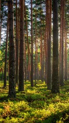 Obraz premium Sun Drenched Pine Forest with Mossy Ground Cover in Vertical Format and Warm Tones Bathed in Natural Daylight Cinematic Atmospheric View