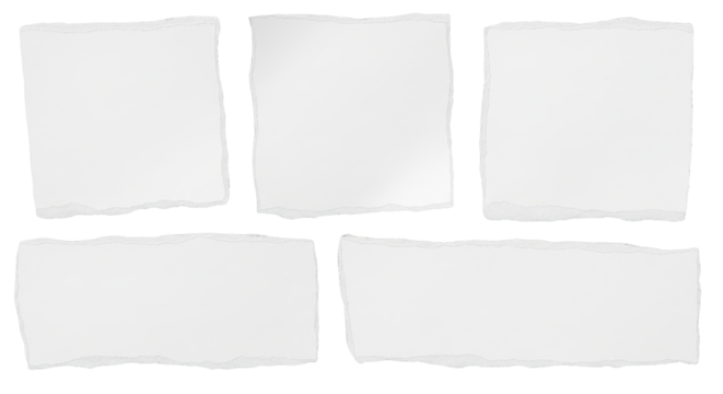 Torn sheets white paper isolated, transparent background document set mockup