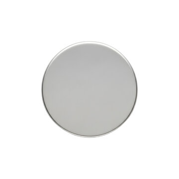 A circular, metallic object with a smooth, reflective surface, centered on a white background.
