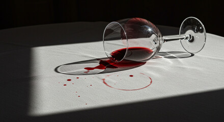 Spilled red wine glass on white tablecloth accident stain liquid drink beverage table disaster mess