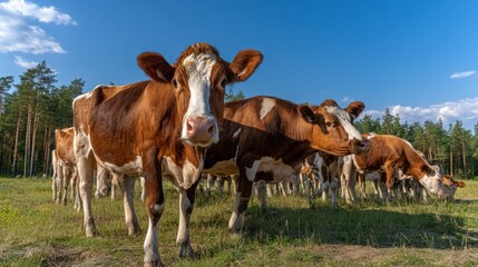 Obraz premium Group of cows enjoying fresh green grass on a sunny day in a peaceful pasture