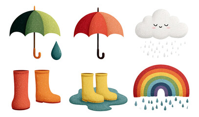 Colorful Umbrellas and Rainy Elements with Boots and Rainbow Design for Kids