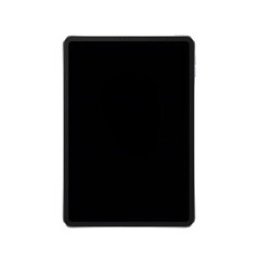 A black tablet device with a dark screen is centered on a white background.