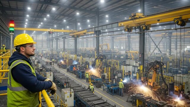 Worker in safety gear overlooks vast factory floor Robotic arms weld sparking brightly on conveyor lines with operators Overhead gantry cranes span the hazy active industrial production area