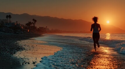 Fototapeta premium Sunrise Beach Run - Silhouette of a Woman Exercising on the Shore