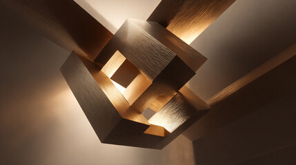 Captivating abstract geometric wooden structure illuminated with warm ambient light, evoking modern architectural elegance and sophisticated design.