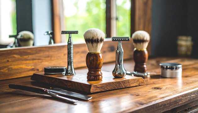 Barber Tools Arranged on a Wooden Surface for Grooming