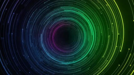 digital tunnel of concentric glowing rainbow light trails spirals into dark void Blue green and yellow data streams with small particles radiate outwards dynamic futuristic vortex - Powered by Adobe