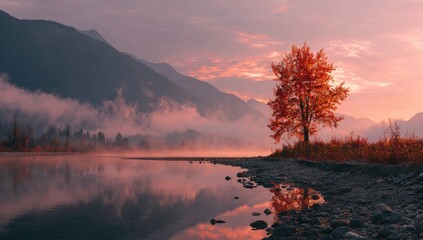 Misty Autumn Sunrise over River