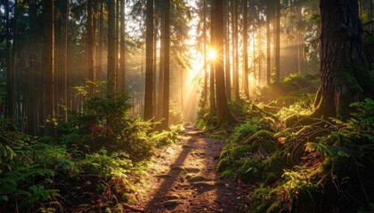 Obraz premium Sunlight Filtering Through Tall Trees in a Lush Green Forest Path, Creating a Warm and Magical Atmosphere with Sun Rays and Ferns Underneath