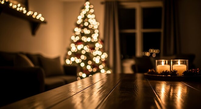 Illustration of warmly lit christmas tree in a dimly lit room, with candles on a wooden table in the foreground, cozy evening ambiance