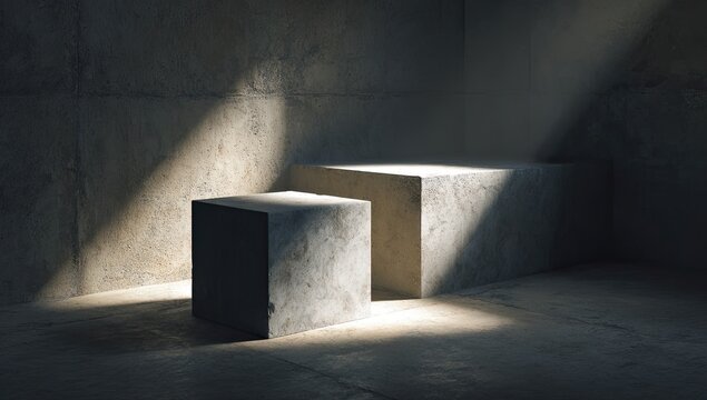 Concrete blocks form pedestals bathed in dramatic light within a stark, textured space