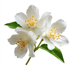 Obraz premium Close-up of three white, fragrant flowers with yellow stamens and green leaves, isolated