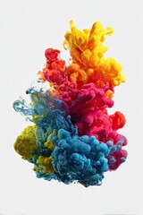 Obraz premium Colorful ink bursts in water, forming a dynamic, cloud-like shape against a white background