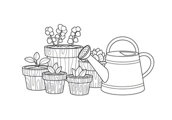 Obraz premium Gardening illustration with potted plants and watering can line art.