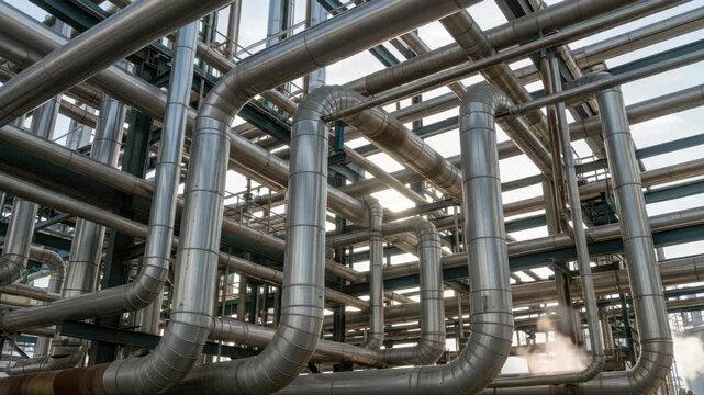dense intricate network of industrial metal pipes mostly insulated crisscrosses facility under bright sky Steam rises from lower section indicating active operations within this complex infrastructure