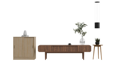 Modern wooden furniture set with console table and decor items.