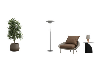 Fototapeta premium Modern interior furniture set with plant and lamps isolated.