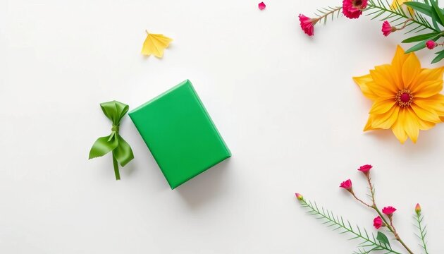 Overhead view of a green cardboard gift box on white background, studio shot, white background