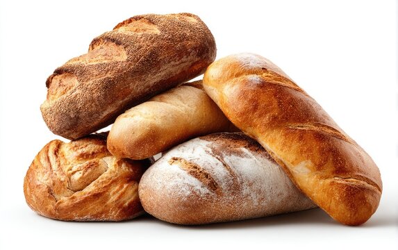 A pile of various freshly baked bread loaves in different shapes and textures, white background