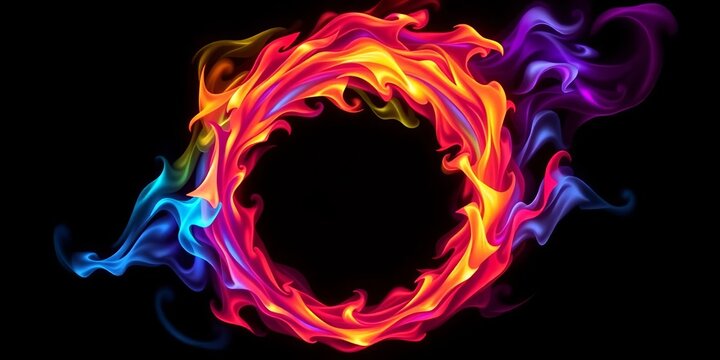 Vibrant anime fire circle, swirling colorful flames against black background,  magical,  wallpaper