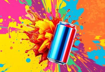 Vibrant soda can exploding with color, pop art style background, illustration, art