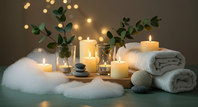 Serene Spa Bath Atmosphere with Lit Candles, Bubbles, Eucalyptus, and Soft Towels, Evoking Relaxation and Wellness. - Powered by Adobe