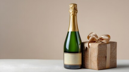 Elegant Champagne Bottle Next to Brown Gift Box with Ribbon