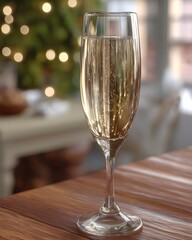 Elegant Champagne Glass with Bubbles on a Wooden Table Setting