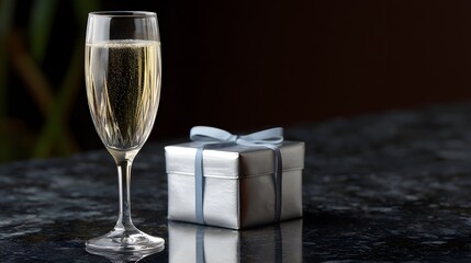 Elegant Champagne Glass Beside Silver Gift Box on Dark Surface