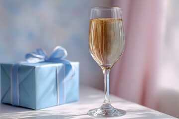 Elegant Champagne Glass with Gift Box and Soft Background Light