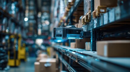 Precise robotic system scanning inventory tags on shelves medium shot highlighting the tech in focus and warehouse environment softly blurred.
