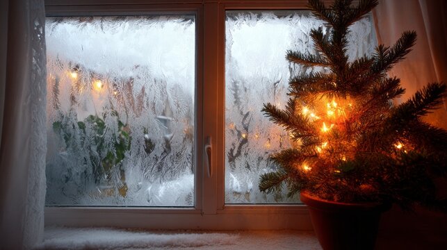 Snowy evening view with Christmas tree lights shining through frosty window