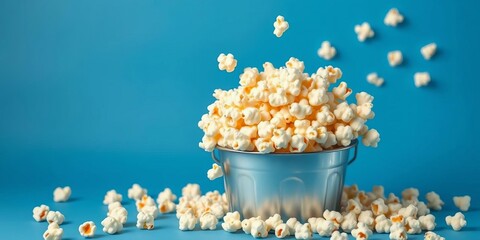 A blue backdrop showcases a bucket overflowing with fluffy popcorn, some kernels playfully arranged into smiling faces, popcorn, blue background