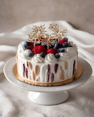 Whipped Cream Cake with Berries and Decorative Toppers on Display