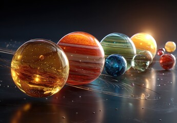 Vibrant glass sphere planets in a row, with internal colorful details and light, on a dark surface