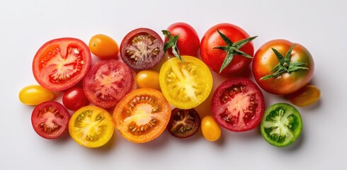 Colorful tomato slices arranged in a variety of hues, from deep reds to vibrant yellows and greens, on a white background