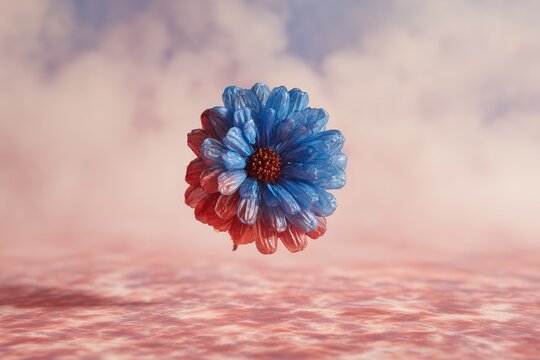 Close-up of a blue & red tinted chrysanthemum floating in a pink, cloudy background - Powered by Adobe