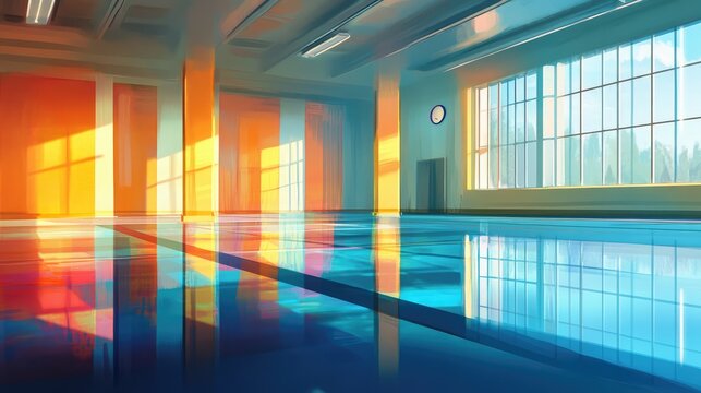 A large swimming pool with a clock on the wall