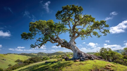 Obraz premium Gnarled Ancient Oak Tree Dominates Verdant Hilltop Under Expansive Blue Sky.