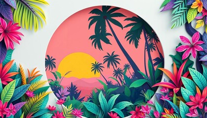 Obraz premium Circular frame of vibrant summer tropical forest, paper cut style vector illustration, jungle, foliage