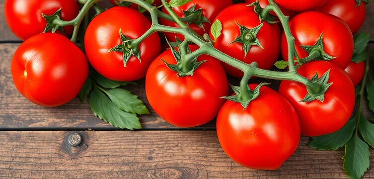 Luscious, ripe red heirloom tomatoes on rustic wood, fresh tomatoes, background
