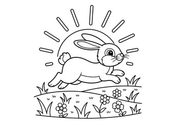 Cute Bunny Rabbit Running in a Field with Flowers and Sun Coloring Page.