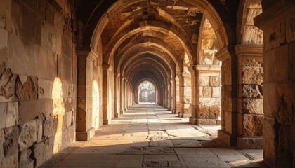 Obraz premium Sunlit Arched Stone Hallway with Ancient Architecture Perspective and Shadow Play in Warm Tones Historic Interior