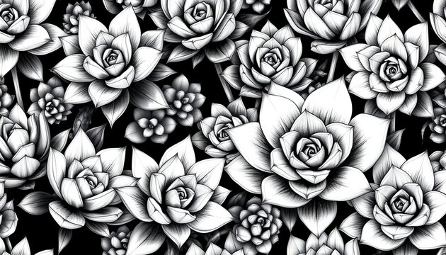 Stylish seamless vector pattern featuring a black and white succulent plant texture drawing Ideal for modern backgrounds, vector, illustration