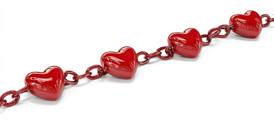 A diagonal chain of shiny red hearts linked together, isolated against a white background