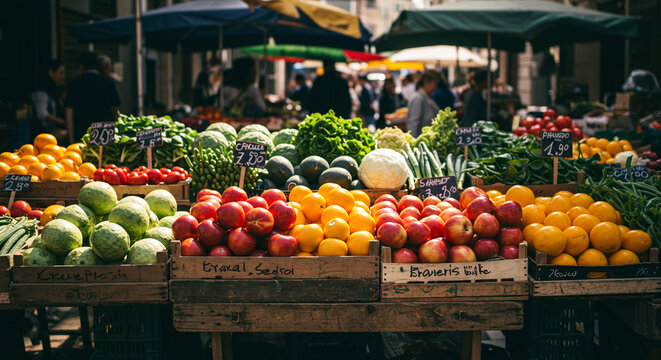 Bustling farmers market scene with fresh, organic produce displayed in rustic wooden crates, ideal for health, food, and lifestyle marketing campaigns