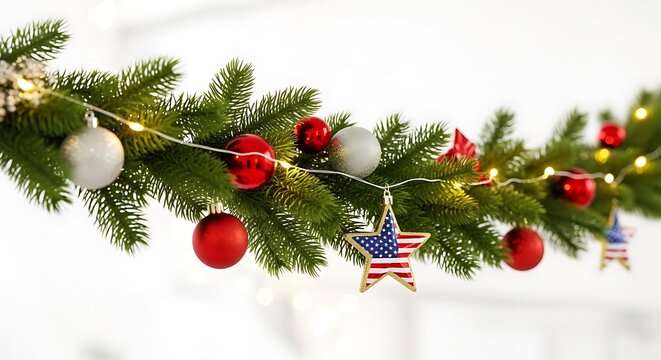Illustration of christmas garland with ornaments and american flag star decoration, festive holiday celebration