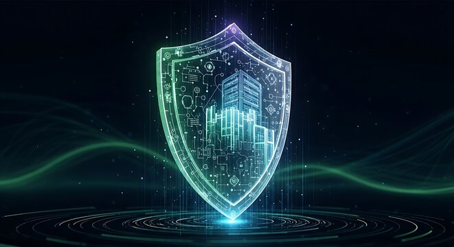 Digital Shield Protecting Corporate Building and Network Security with Futuristic Technology