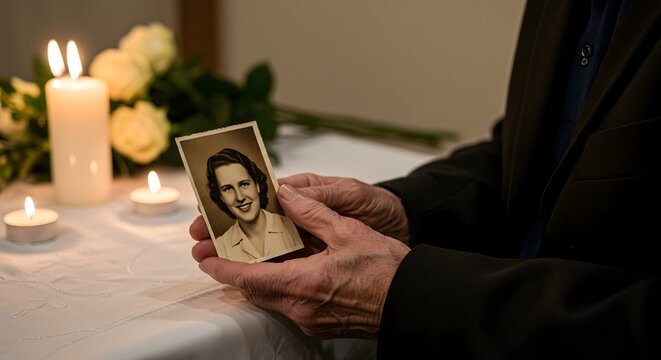 Elderly hands holding a vintage photograph at a memorial service with candles and white roses nearby - Powered by Adobe
